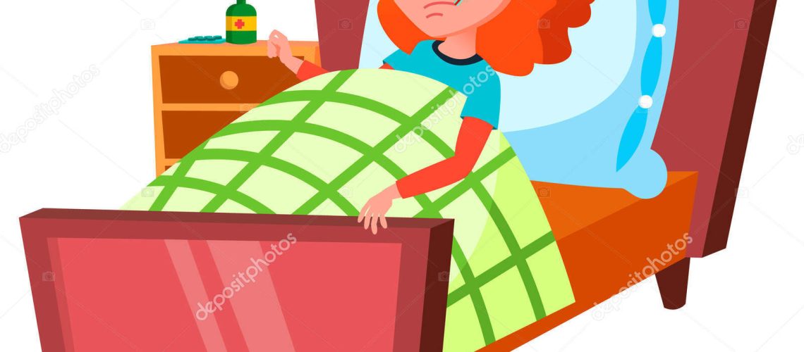 flu disease girl lying in bed with thermometer cartoon vector. flu disease girl lying in bed with thermometer character. isolated flat cartoon illustration