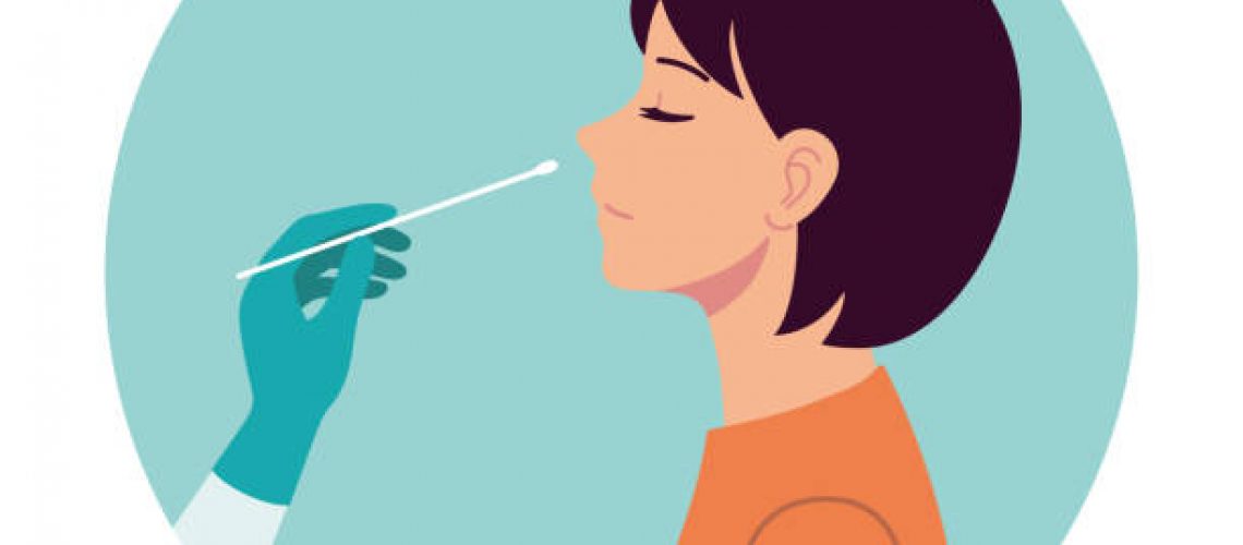 Nasal swab test. Diagnosis of corona virus. A doctor wearing medical gloves conducts the analysis from the person's nose. Hospital lab. A person expresses a test. Flat vector.